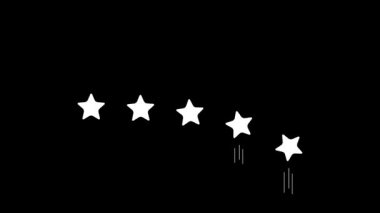 Beyaz beş yıldızlı derecelendirme animasyonu, geri bildirim, eleştiriler, müşteri memnuniyeti veya derecelendirme değişikliklerini temsil ediyor. İş, pazarlama ve gözden geçirmeyle ilgili içerik için ideal.