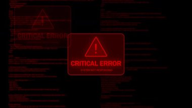 Kritik hata sistemi çökme animasyonu çoklu kırmızı uyarı ekranları, piksel ızgarası ve arıza efektiyle. Ekran biçimi hackleniyor, bilgisayar çökmesi, sistem yanıt vermiyor, hata uyarısı, siber saldırı hatası.