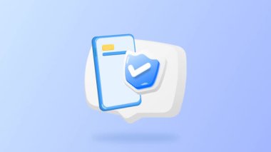 Mavi doğrulanmış kalkanı olan bir akıllı telefonun üç boyutlu simgesi, güvenli giriş, uygulama doğrulaması, kullanıcı güveni ve mobil veri korumasını sembolize ediyor. UI, UX ve güvenlik görselleri için ideal.