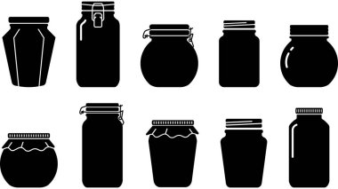 Cam kavanoz siluet vektör tasarımı. Bir deponun basit siyah-beyaz taslağı veya korunmuş kavanoz, gıda paketleme, ev yapımı ürünler, reçel etiketleri ve mutfak tasarımları için idealdir.