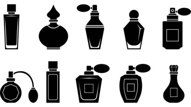 Parfüm şişesi siluet vektörü ayarlandı. Zarif parfüm şişelerinin modern siyah-beyaz çizimi, güzellik, moda, kozmetik ambalaj ve lüks marka tasarımları için mükemmel..