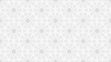 Birbirine kenetlenmiş yıldızları ve ışık arka planında beyaz çizgilerde çokgenleri içeren kusursuz İslami geometrik desen. Ramazan görselleri, bayramlar, İslami olaylar ve sunumlar için uygun zarif arabesk tasarımı.