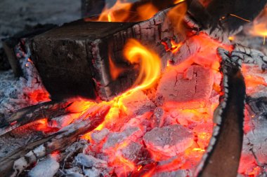 Kavurucu közler ve aktif bir ateşte odun yakmak. Alevler odun parçalarının etrafında kıvrılarak yüksek kontrastlı bir sahne oluşturuyor..