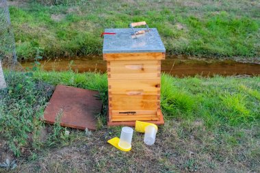 İki süper siki olan ahşap bir arı kovanı küçük bir derenin yakınındaki çimenli bir avluda oturur. Sarı yemlikler önde yere konur..