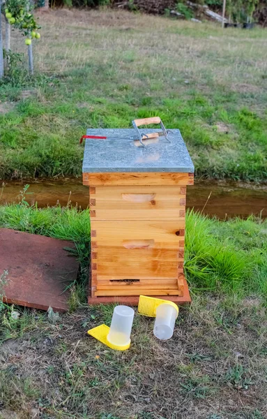 İki süper siki olan ahşap bir arı kovanı küçük bir derenin yakınındaki çimenli bir avluda oturur. Sarı yemlikler önde yere konur..