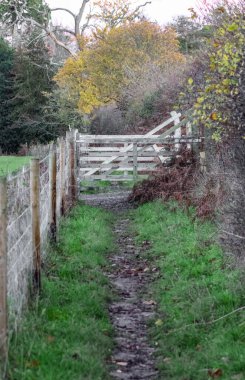 İngiliz kırsalında beyaz, ahşap, beş parmaklıklı bir kapıya uzanan dar bir toprak yol. Yeşil çimenler ve sonbahar ağaçlarıyla çevrili bir çit patika boyunca uzanıyor..