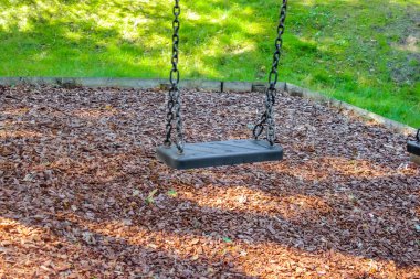 Boş bir siyah salıncak, güneşli bir parkta, uzun çelik zincirlere asılı duruyor. Yeşiller yemyeşil çimenler ve yumuşak ağaçlar bu klasik oyun alanı sahnesi için huzurlu ve doğal bir zemin oluşturur..