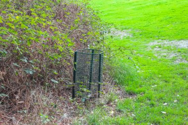 Çimenli bir tarlanın kenarında çalı çalılarına yaslanmış yeşil bir tel örgü çöpü duruyor. Açık hava parkları için pratik bir atık çözeltisi.