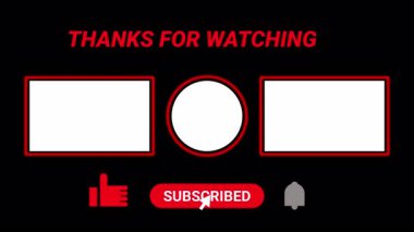 İçerik yaratıcıları tarafından izleyicileri daha fazla video izlemeye ve içeriklerinin sonunda abone olmaya teşvik etmek için kullanılan, siyah zemin üzerinde kırmızı neon ışığı olan animasyon sonu ekran şablonu. 4k video