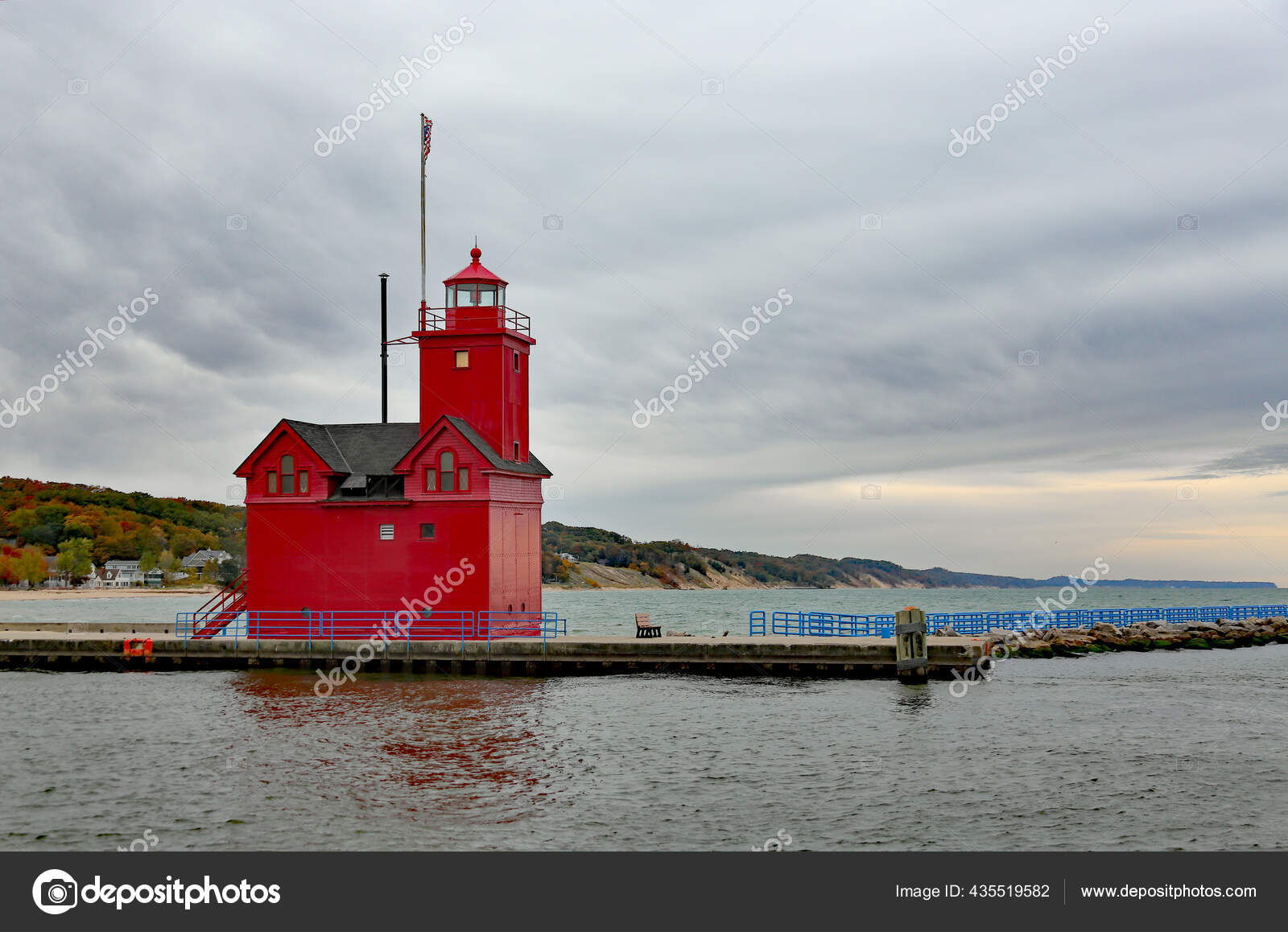 Holland Harbor Light Known Big Red Overcast Day Stock Photo by