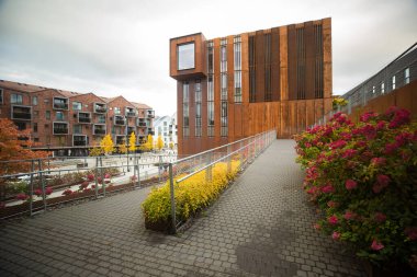 Geniş açılı bir açı metal çitler ve canlı çiçek tarlaları arasında yükselen kaldırım taşını gösteriyor. Manzara endüstriyel dokular ve canlı sonbahar yapraklarını birleştirir..