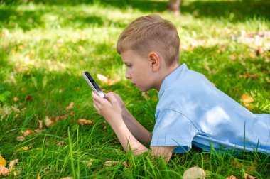 Genç bir çocuk yeşil çimlere uzanmış, akıllı telefonuna odaklanmış, alet bağımlılığını resmediyor.