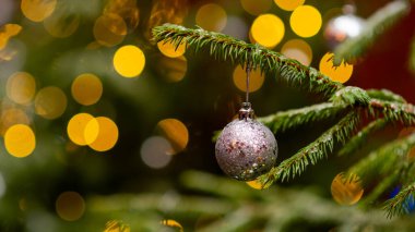 Arka planda sıcak bulanık ışıklar olan bir Noel ağacının üzerinde parlak bir ziyafet mücevheri.