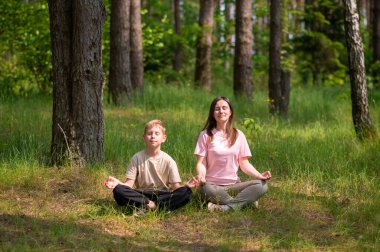 Anne ve oğul güneşli bir ormanda meditasyon yapıyorlar. Berrak, huzurlu bir aile anı.