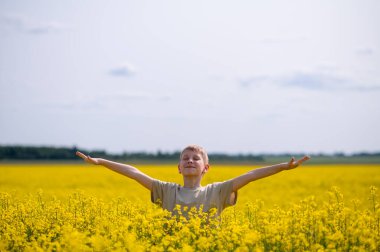 Kollarını açmış neşeli bir çocuk mavi gökyüzünün altındaki sarı açan kolza tohumu tarlasında duruyor.