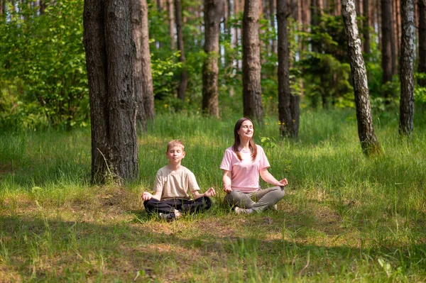 Anne ve oğlu orman çimlerinde bağdaş kurmuş, uyum içinde meditasyon yapıyorlar.
