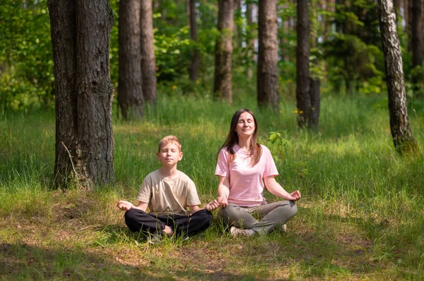 Anne ve oğul güneşli bir ormanda meditasyon yapıyorlar. Berrak, huzurlu bir aile anı.