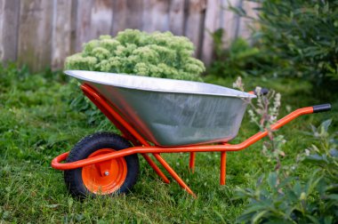 Bir bahçe el arabası, eski ahşap bir çitin yanında güneşli yeşil bir çimenlikte duruyor, rahat bir kır manzarası yaratıyor.