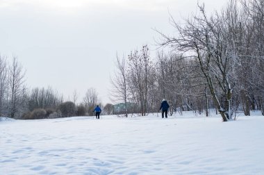 İnsanlar karla kaplı parkta kayak yaparken arkalarında kayak izleri bırakıyorlar. Kış tatili, aktif yaşam tarzı, soğuk sezon sporu, doğa ve eğlence konsepti.