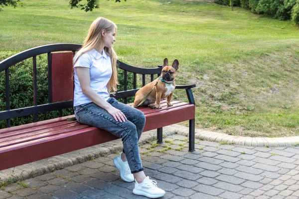 Genç Bir Kadın Yazın Köpeğiyle Parkta Bir Bankta Dinleniyor Stok Fotoğraf