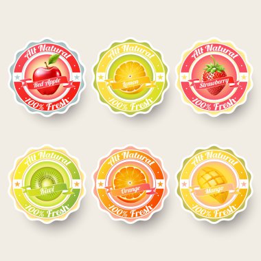 Portakal, limon, çilek, kivi, elma, mango suyu, güler yüzlü, süt, kokteyl ve taze etiketleri sıçrama kümesi. plakası, reklam kavramı vektör çizim.