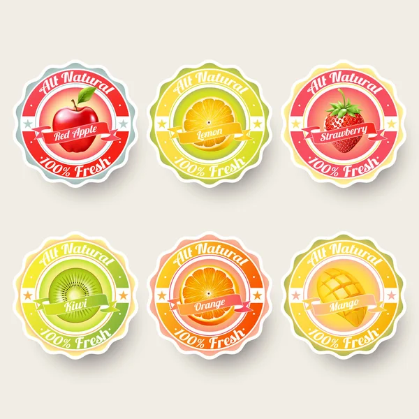 Set van sinaasappel, citroen, aardbei, kiwi, appel, mango sap, smoothie, melk, cocktail en vers etiketten splash. sticker, advertentie concept vectorillustratie. — Stockvector