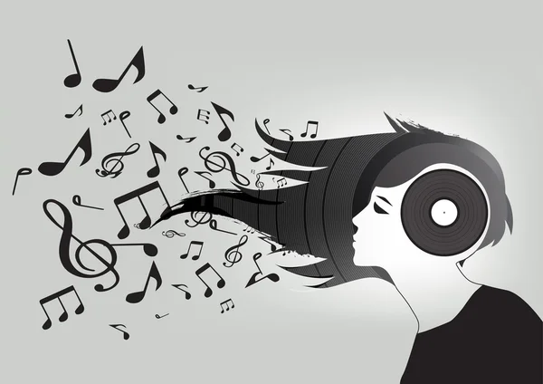 Bir kadının vinil kavramsal arka plan baş, müzik notaları, vektör dönüm saç