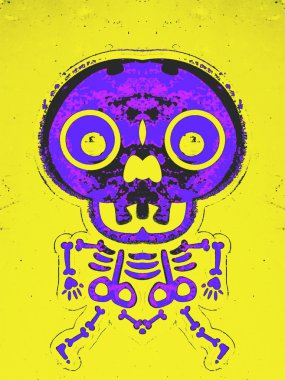 mor ve pembe kemik yapısı ve kafatası sarı arka plana sahip