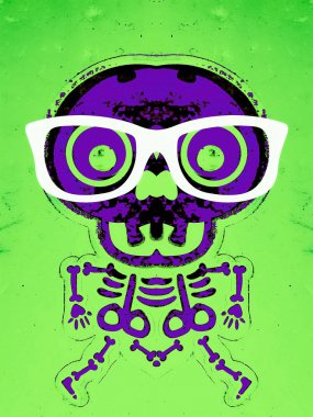 Mor kafatası ve kemik beyaz gözlük ve yeşil arka plana sahip