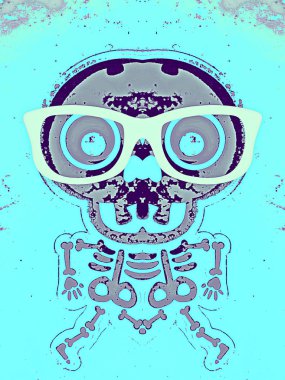 mor ve gri kafatası ve kemik gözlük ve mavi arka plan ile