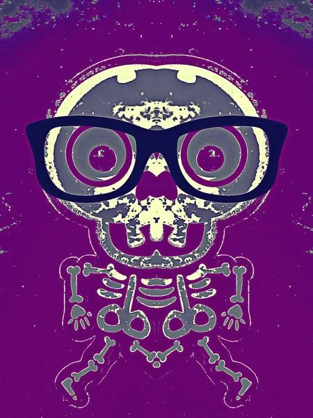 Koponya és csont-kék szemüveg és lila háttér — Stock Fotó