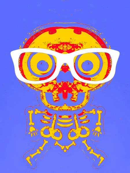 黄色和红色的头骨和骨与眼镜和紫色背景 — 图库照片