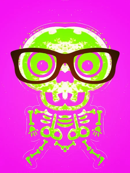 Green skull and bone with glasses and pink background — Stock Photo, Image