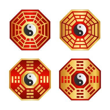 Kırmızı ve Altın Çinli Bagua Sekizgen Sembol Vektörü İllüstrasyonu