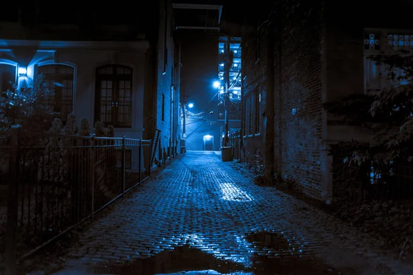 Dark Scary Vintage Cobblestone Brick City Alley Night Chicago — Stock Photo, Image