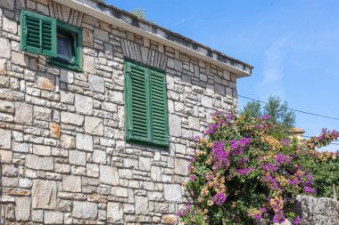Yıpranmış yeşil panjurlu taştan bir ev berrak mavi gökyüzünün altında canlı begonvillerin yanında duruyor. Çekici, sıcak ve resimli, seyahat için ideal, ev, bahçe ve yaz temaları.