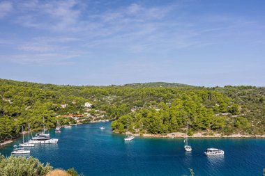 Çam örtülü bir manzara, sahil boyunca beyaz evler ve berrak mavi sulara demirlemiş birkaç yelkenli sahnesi. Seyahat, doğa ve eğlence temaları için ideal.