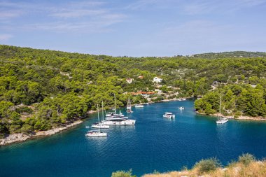 Çam örtülü bir manzara, sahil boyunca beyaz evler ve berrak mavi sulara demirlemiş birkaç yelkenli sahnesi. Seyahat, doğa ve eğlence temaları için ideal.