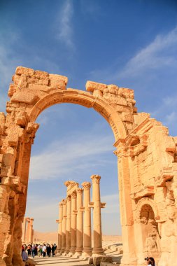 Ön plandaki antik sütunları ve kurak arazideki tarihi kuleleri vurgulayan manzaralı bir manzara.