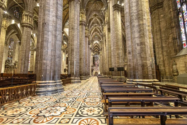 Büyük bir Gotik katedralin iç manzarası. Yüksek taş sütunlar, karmaşık mahzenler ve renkli camlar. Ahşap sıralar desenli döşeme döşemesi, sessiz bir yansıma ve korku uyandırıyor.