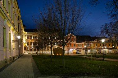 Vinkovci 'deki Advent etkinliği sırasında Vinkovci' deki yaya bölgesini gösteriyor. Mavi saatte Avrupa 'nın şenlikli sokak sahnesi. Pembe bir köşe binası, sicim lambaları ve büyük tarihi bir ön cephe..