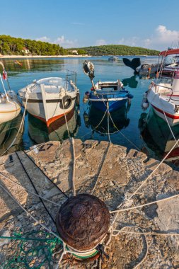 Küçük balıkçı tekneleri ve eğlence tekneleri halatlar ve kramponlarla kayalık bir rıhtıma demirlemiş, güneşli bir gökyüzünün altında berrak bir turkuaz suya yansıyor, benekli kıyı şeridi ve sakin kıyı manzarasının yanında.
