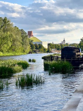 Litvanya 'daki nehrin kıyısındaki Vilnius Eski Kasabası manzarası. Gediminas Kulesi arka plandaki çimenli bir tepenin üzerinde belirgin bir şekilde duruyor. Nehir kıyısında yemyeşil ağaçlar sıralanır, sudan su bitkileri çıkar.. 