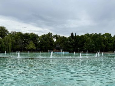 Bulgaristan 'ın Filibe kenti Çar Simeon Garden kentindeki fıskiyelerde büyük bir havuzdan yükselen birden fazla su jetleri yer alıyor. Su yüzeyi dalgalı, yukarıdaki bulutlu gökyüzünü yansıtıyor. Arka planda, yemyeşil ağaçlardan oluşan yemyeşil bir sıra doğal bir zemin sağlar.