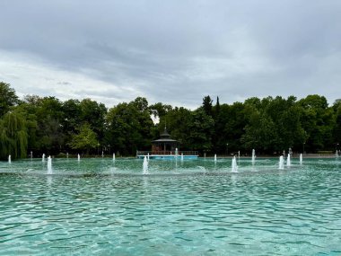Bulgaristan 'ın Filibe kenti Çar Simeon Garden kentindeki fıskiyelerde büyük bir havuzdan yükselen birden fazla su jetleri yer alıyor. Su yüzeyi dalgalı, yukarıdaki bulutlu gökyüzünü yansıtıyor. Arka planda, yemyeşil ağaçlardan oluşan yemyeşil bir sıra doğal bir zemin sağlar.