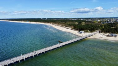 Litvanya 'nın Palanga kıyı şeridi boyunca Baltık Denizi' nin hava manzarası. Görüntüde denize doğru uzanan ve kumlu plajlarla çevrili ve yemyeşil ormanlarla bezenmiş uzun bir ahşap iskele yer alıyor. Deniz suyunun mavi ve yeşil tonları vardır..