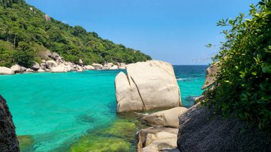 Koh Nang Yuan Adası berrak turkuaz su ve granit kayalarla, Surat Thani, Tayland, Güneydoğu Asya. 