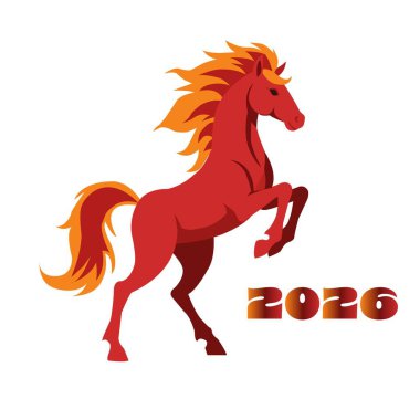 2026 yılını sembolize eden kırmızı bir atın vektör çizimi, beyaz arka planda parlak, modern bir düz stil olarak tasarlandı.