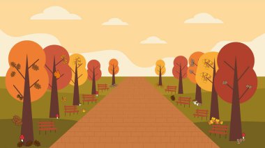 Renkli ağaçlar, banklar, düşen yapraklar, dolambaçlı yollar, mantarlar ve yumuşak beyaz bulutların oluşturduğu bir sonbahar parkının temsili.