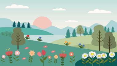 Ağaçlarla, çiçeklerle, tepelerle, nehirlerle ve pastel renklerle gün batımıyla kaplı bir bahar manzarasının düz vektör çizimi. 